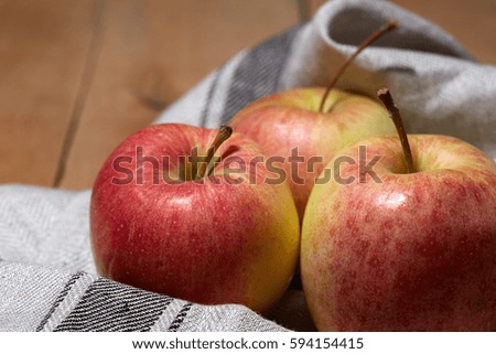Detox food & drink healthy diet vegetarian lifestyle concept: Fresh fruit. Apples. Closeup Top view Wooden background