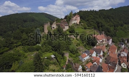Ancient town village of HIRSCHHORN in Hesse district of Germany on banks of Neckar river, Hesse, Germany, Aerial, Mai 2016