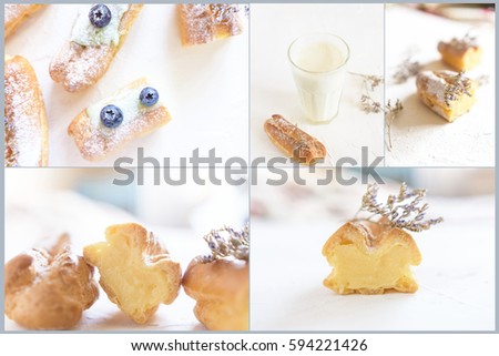 Collage of four image eclairs. Half of homemade vanilla eclair on a white background. French dessert
