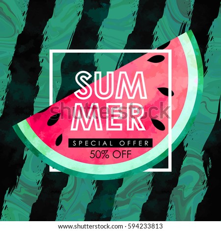 "summer sale" hand written lettering vector illustration with watercolor paint textured watermelon on trendy striped background