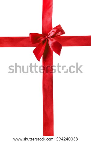 Red satin ribbon with bow isolated on white background .