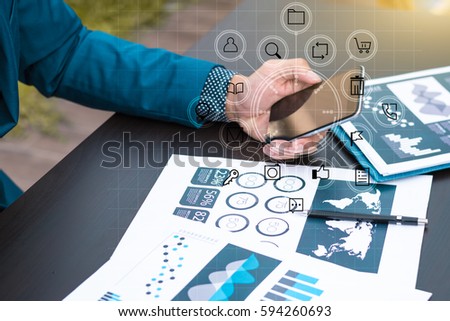 business technology concept,Business people hands use smart phone connection online networking communication on table with social network icon symbol,selective focus. 