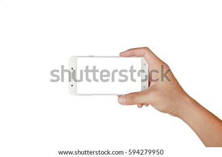 One hand holding mobile smartphone with white screen. Mobile photography concept. Isolated on white.