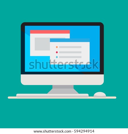 Flat computer design with keyboard and mouse on blue screen vector illustration. Royalty-Free Stock Photo #594294914