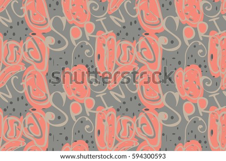 Repeating pattern with Abstract red on gray spring seeds with dots.Hand drawn with ink seamless background. Creative roughly hand drawn shapes.