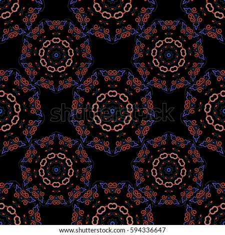 Vector seamless ornament on black background. Distressed damask seamless pattern background tile.
