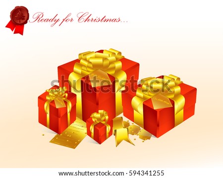 Realistic 3D illustration of colorful red gift boxes with golden ribbons and bows and little accessories for celebrations, showers, special days. Vector set with grouped elements.