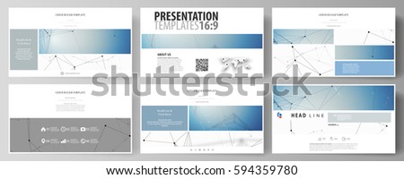 Business templates in HD format for presentation slides. Abstract vector layouts in flat design. Geometric blue color background, molecule structure, science concept. Connected lines and dots