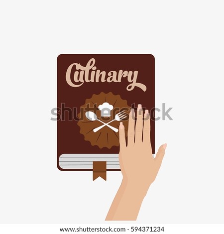 Woman hand and culinary book. Isolated on white background. Flat  stock illustration