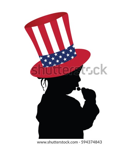 child silhouette with american hat and lollipop on white