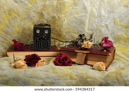Vintage camera and books, faded roses against yellow speckled wrinkled fabric.  Copy space in upper part of image.