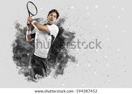 Tennis Player with a white uniform coming out of a blast of smoke .