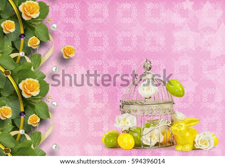Easter eggs and funny bunny  on abstract pink background