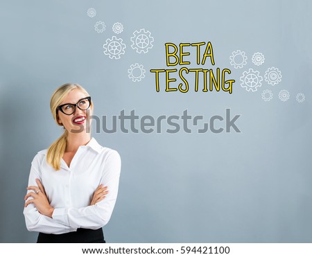 Beta Testing text with business woman on a gray background
