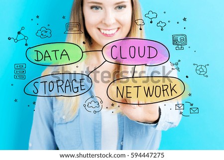 Cloud concept with young woman on blue background
