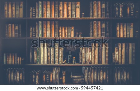Blurred background . The background is a large bookshelf or book case on the wall.