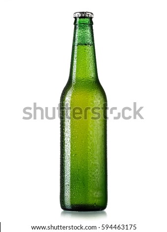 Green beer bottle with drops Royalty-Free Stock Photo #594463175