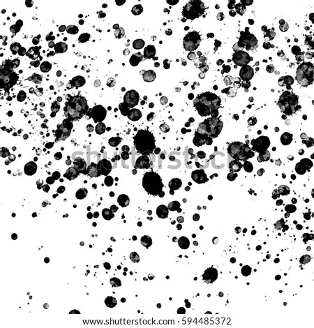 Isolated black watercolor and ink splatter textures on white wall background