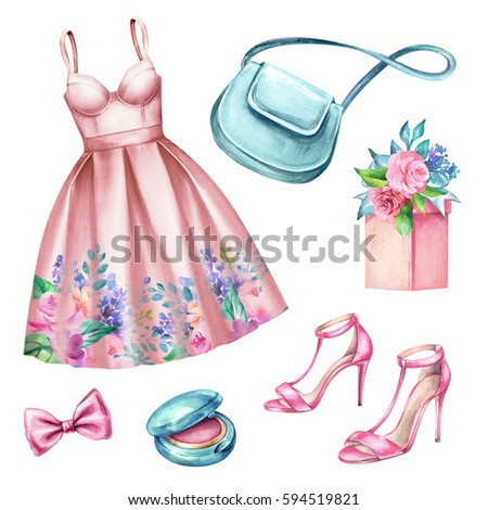 watercolor wedding fashion illustration, festive accessories, bridal elements, woman summer look, clothes clip art isolated on white background