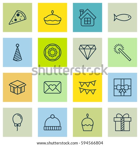 Set Of 16 Celebration Icons. Includes Gift, Flan, Fishing And Other Symbols. Beautiful Design Elements.