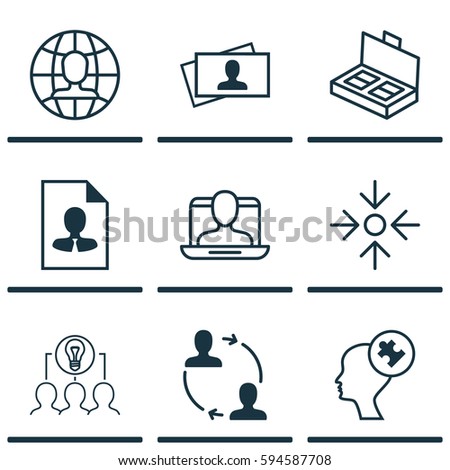 Set Of 9 Business Management Icons. Includes Document Suitcase, Collaborative Solution, Human Mind And Other Symbols. Beautiful Design Elements.