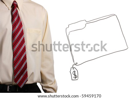 Man in a shirt and a tie standing next to a drawing of a folder. Add your text to the folder.