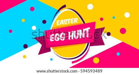 Happy Easter yellow,blue background with colorful egg, confetti and ribbon. Egg hunt for children template layout. Vector illustration. Easter. Sale tempalte. Royalty-Free Stock Photo #594593489