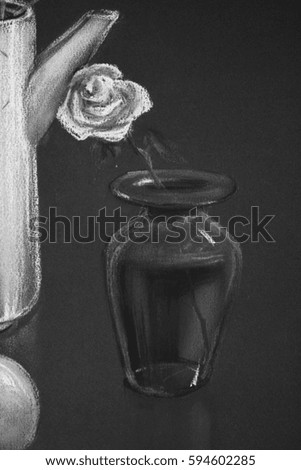 Fragment of still life painted with pastel pencils. The rose in the vase 