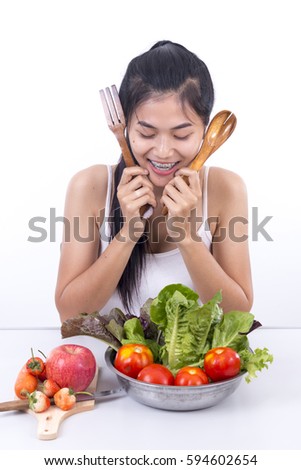 Asian woman shooting vegetable for cooking diet food, Diet cocept 