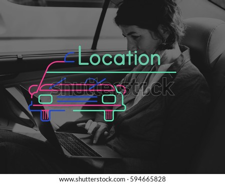 Businesswoman Using Laptop in the Car and Graphic Icon