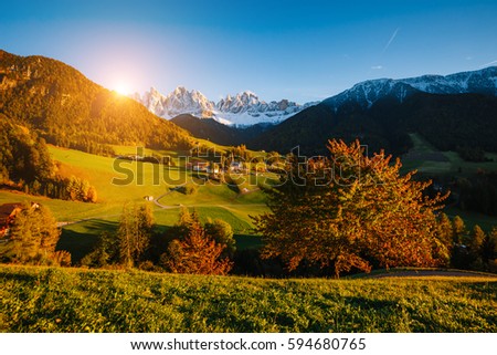 Sunny day in St. Magdalena village. Picturesque and gorgeous scene. Location famous place Funes valley, Odle Group, Dolomiti Alps. Province of Bolzano - South Tyrol, Italy. Europe. Beauty world.