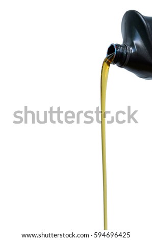 Pour of oil from the gallons Black.White background.Clean fuel has not been used.
