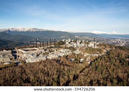 Aerial view of Simon Fraser University (SFU) on Burnaby Mountain. Picture taken in Vancouver Lower Mainland, British Columbia, Canada.