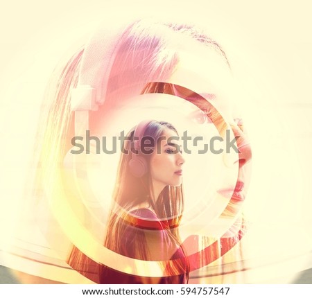 Beautiful woman listening music relax with graphic design photo