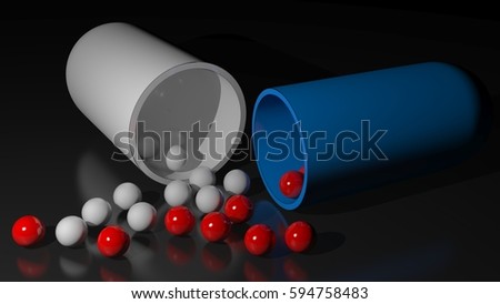 Drug capsule is open on a black glossy surface and some little white and red spheres which were contained in it came out of it and spread on the surface - 3D rendering