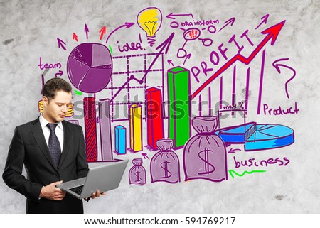 Thoughtful man using laptop with business sketch on concrete background. Communication concept