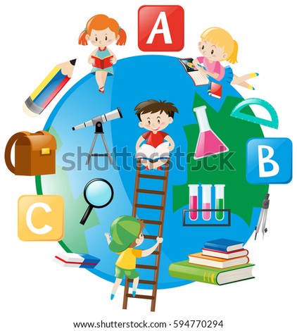 Four students climbing up the ladder on earth illustration