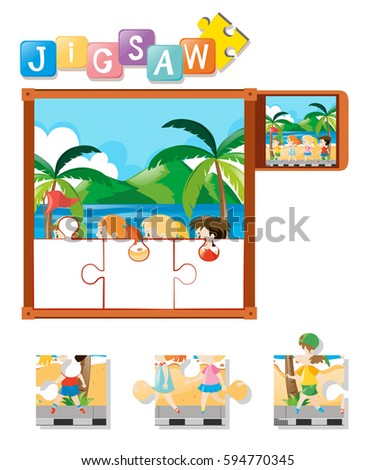 Jigsaw puzzle pieces of kids on the beach illustration