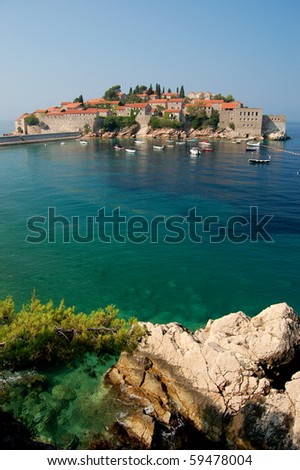 Picturesque gorgeous scenic view on Sveti Stefan, Montenegro