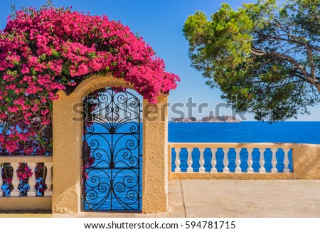 Idyllic sea view of the Mediterranean Sea Spain, at the coastline of Majorca island, Balearic Islands. Royalty-Free Stock Photo #594781715