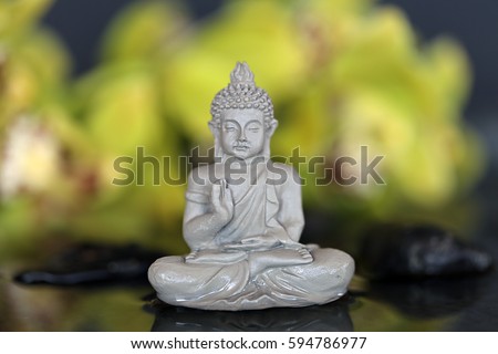 Buddha figure in the water  and blurred green orchids On a black background