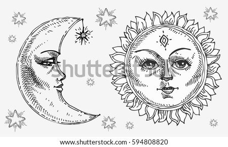 Sun and moon with face stylized as engraving. Can be used as print for T-shirts and bags, decor element. Day and night. Hand drawn Vector astrology symbol