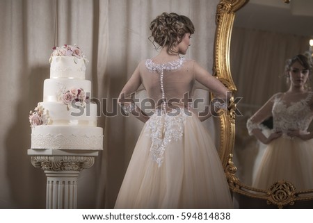 Beautiful wedding dress. Bride in wedding dress. Wedding hairstyle and make up. Fine art wedding.