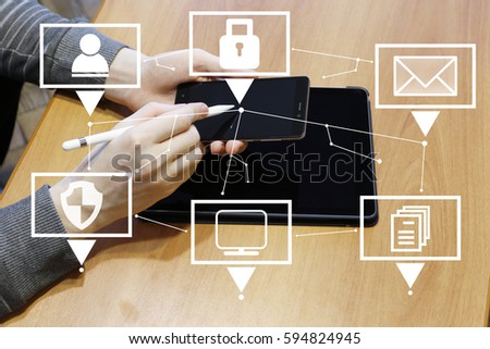 Businessman pressing button lock security communication business network