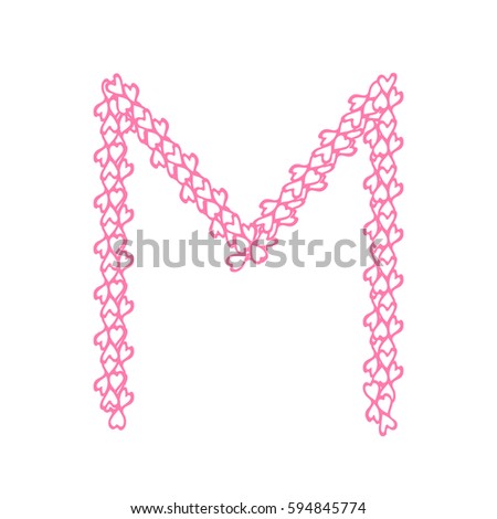 The letter M, in the alphabet Heart flower petals illustration set flat design pink color isolated on white background, vector eps10