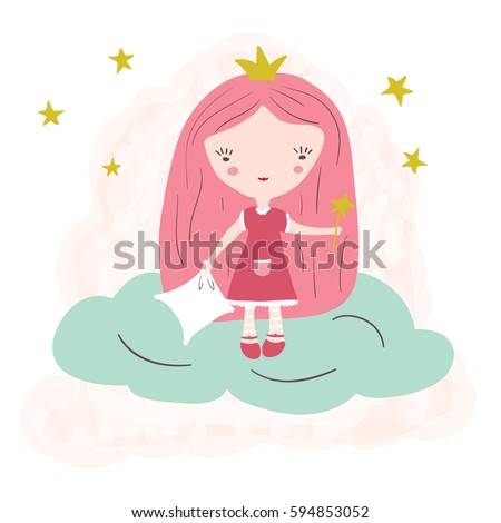 Little cute princess with a pillow on the cloud. Cute vector girl. T-shirt for children