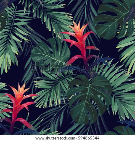 Hand drawn seamless floral pattern with guzmania flowers, monstera and royal palm leaves. Exotic hawaiian vector background. Royalty-Free Stock Photo #594865544