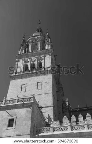 Salamanca (Castilla y Leon, Spain): exterior of the medieval cathedral: belfry. Black and white