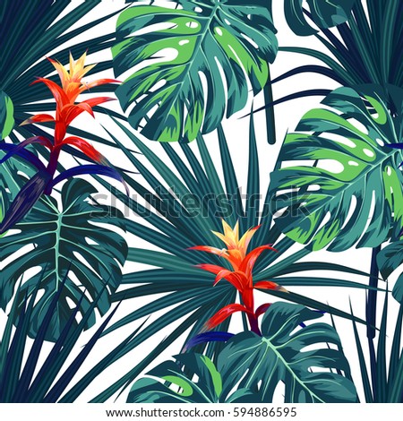 Exotic tropical background with hawaiian plants and flowers. Seamless vector pattern with green monstera and sabal palm leaves, guzmania flowers. Royalty-Free Stock Photo #594886595