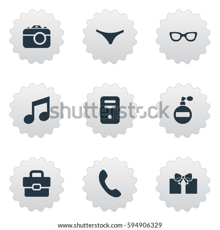 Set Of 9 Simple Instrument Icons. Can Be Found Such Elements As Music, Business Bag, Digital Camera And Other.